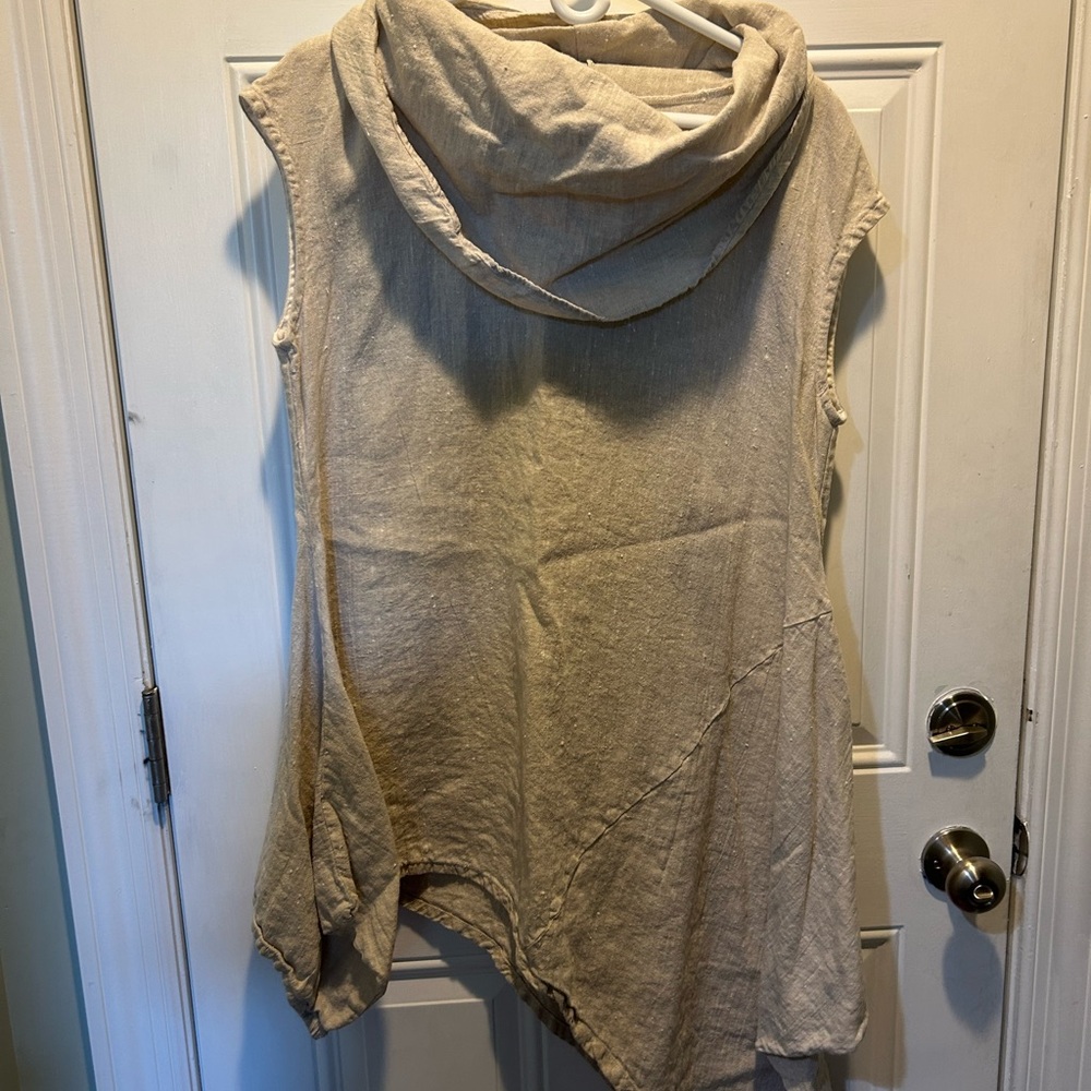 Bryn Walker Sleeveless Asymmetrical Cowl Neck Linen Tunic in Light Beige